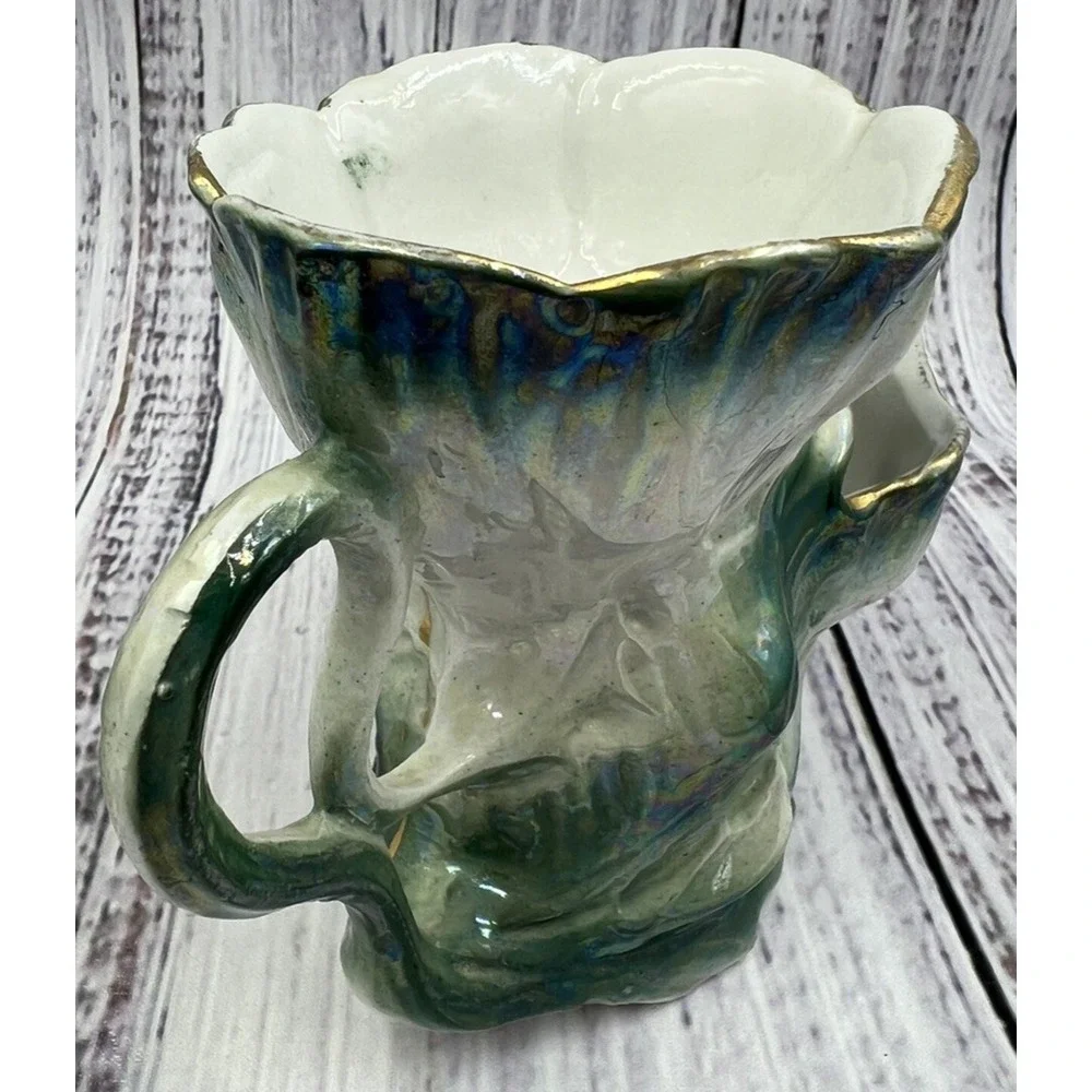 Antique German Porcelain Mustache Shaving Mug Luster Green Gold